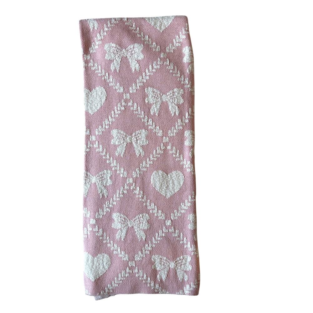 Shabby Chic Heart Bow Cotton Throw Blanket 50x70 Knit Plush Pink & Cream New